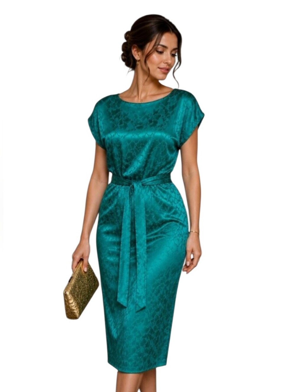 Vintage Silk Studio 100% Silk Emerald Jacquard Midi Dress – Korea Made. Size 14